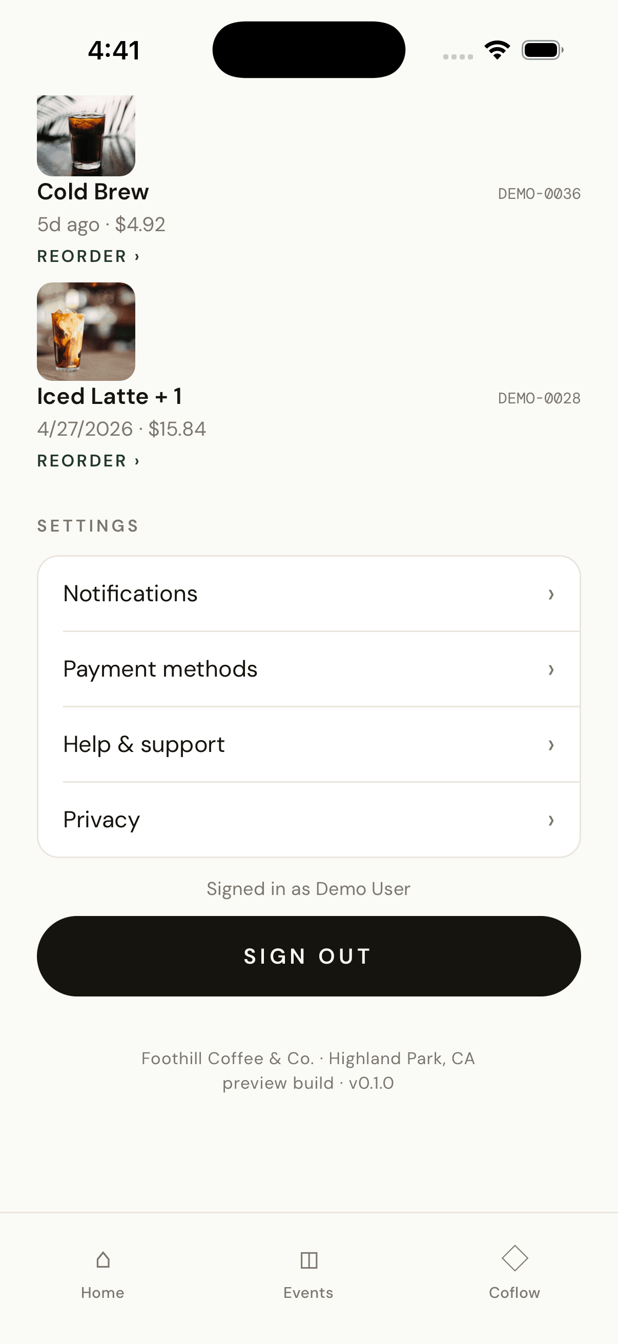 Foothill account screen with rewards stamp card