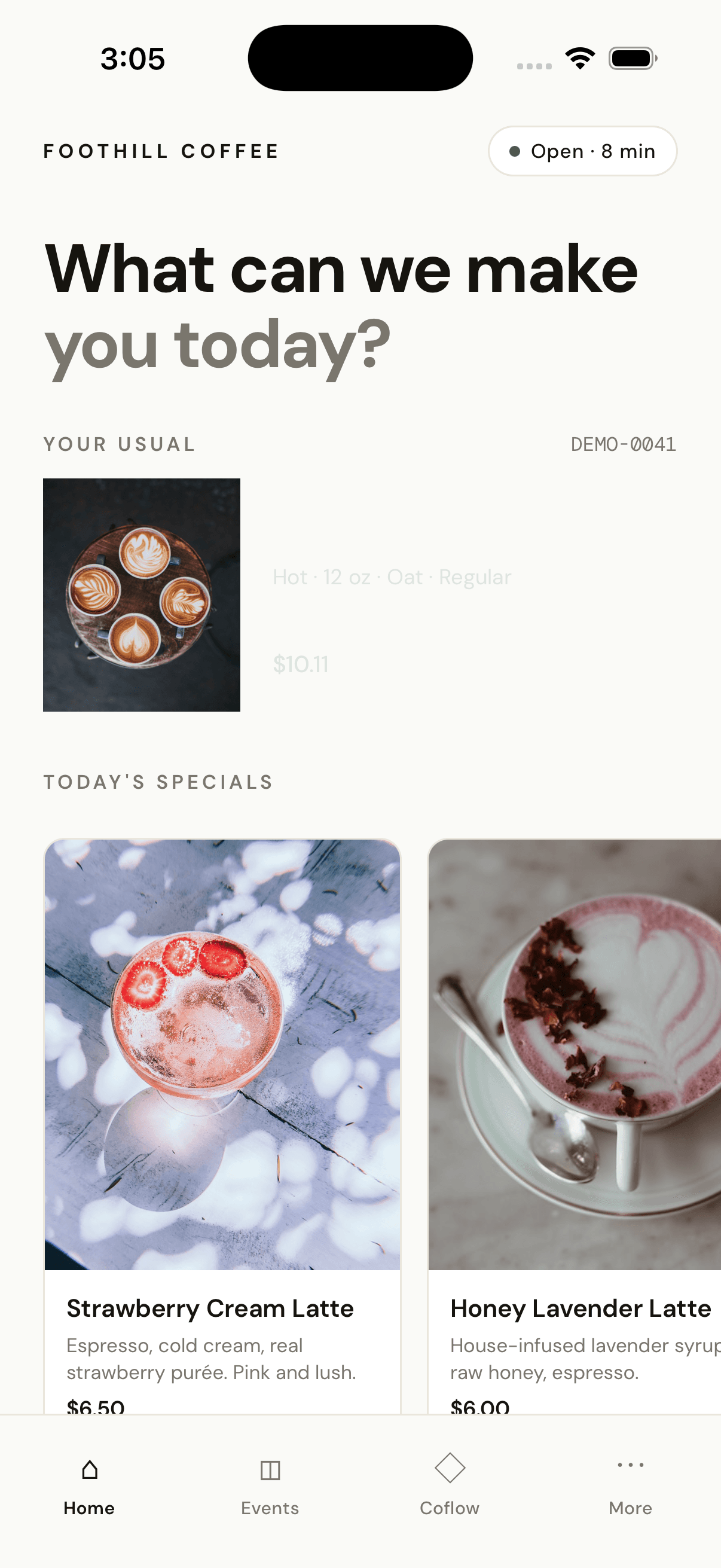 Foothill Coffee home with Today's Specials carousel
