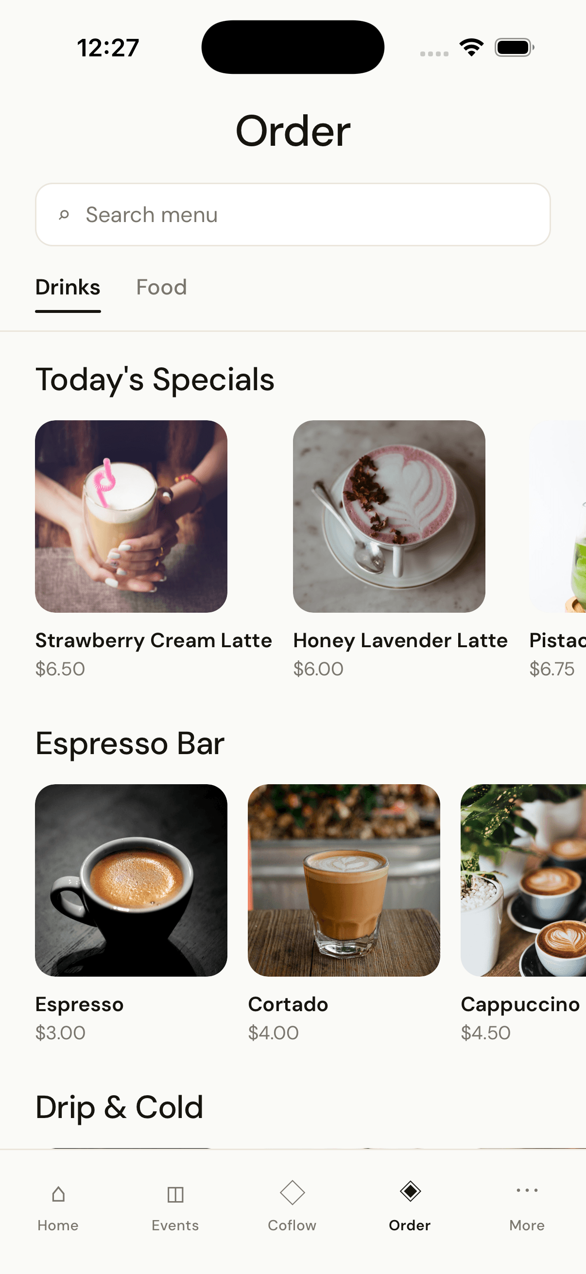 Foothill ordering screen showing strawberry cream latte and specials